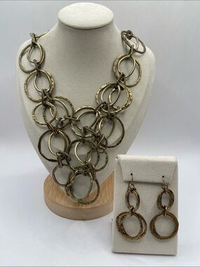 Gold Tone Hammered Double Hoop Link Bib Necklace & Earring 2 Piece Set Pierced